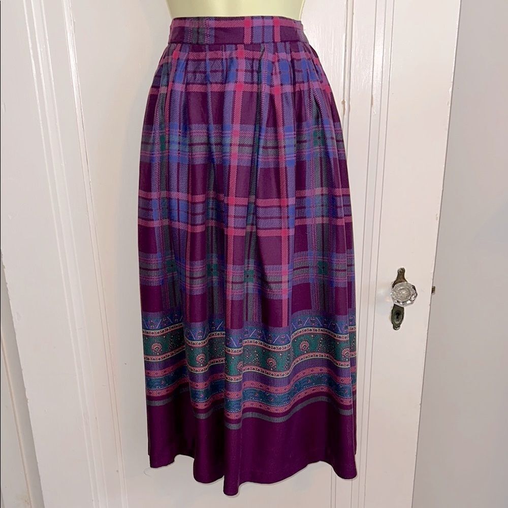 Vintage 80s Chaus Purple, Pink & Green Plaid‎ Pleated Midi Full Rayon Skirt